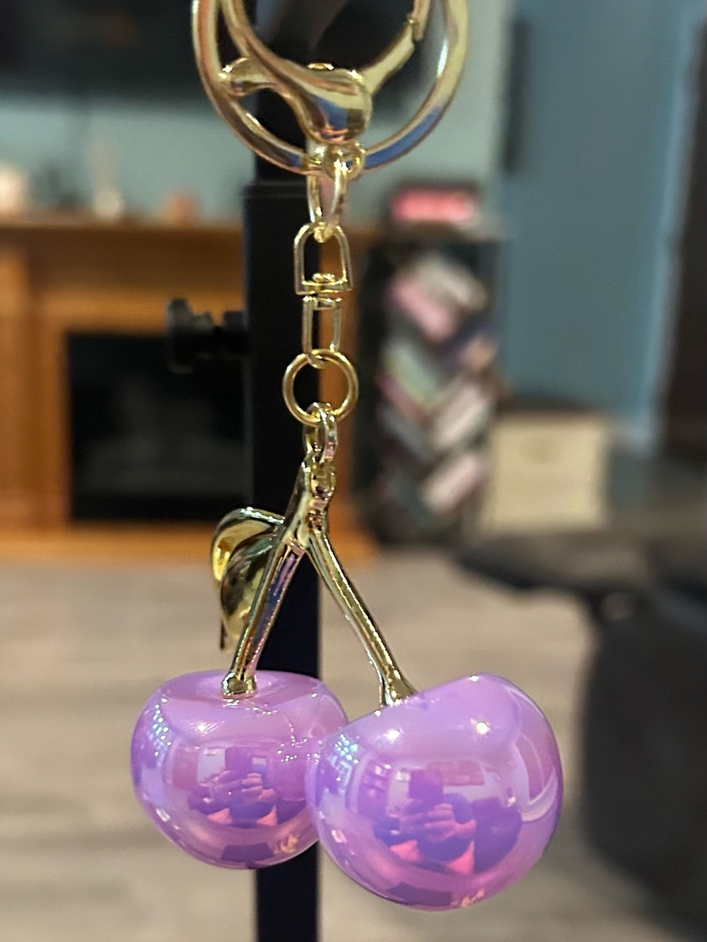 Gold-tone Keychain with Iridescent Lavender Cherry Charm